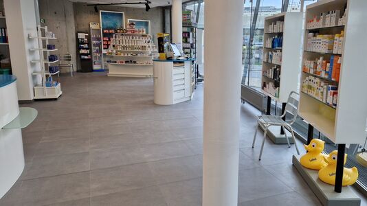 Ansicht eines Apothekenraums mit befüllten Regalen, Pulten, Verkaufstischen